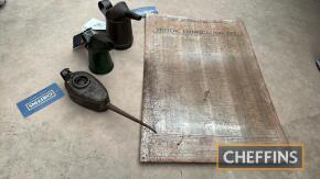 2no. oil pourers t/w 'pie-crust' oil applicator can and Shell Motor Lubricating Oil printed tin chart