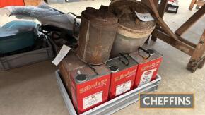 Qty oil and petrol cans with some contents, Castrol, Shell etc
