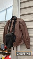 2piece motorcycle leathers, brown, appearing to be of excellent quality, no makers label, approx. size M, t/w Triumph branded tank bag