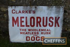 Clarke's Melorusk single sided enamel sign, marked Bruton, Palmers Green, 26x18ins