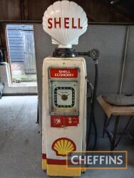 Avery Hardoll petrol pump. Highly original and complete, finished in Shell livery with Shell Economy brand plaques. Wired for lighting and fitted with reproduction Shell globe