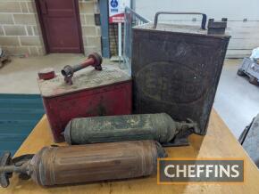 Esso 2gallon petrol can with Esso cap t/w 1gallon can and Pyrene fire extinguishers