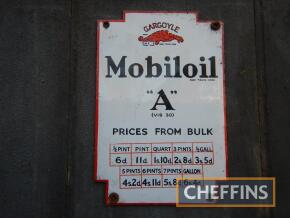 Mobiloil 'A' small enamel pricing sign, 3.75x5.5ins