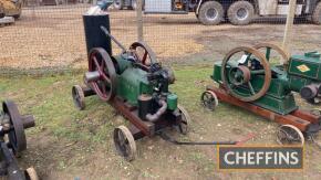 1920 Crossley Model 1060 5hp 4.5ins bore, 6ins stroke single cylinder open crank horizontal stationary engine with twin flywheels and belt pulley, fitted with twin side shafts and on wooden trolley. Originally sold to Macclesfield sewage works