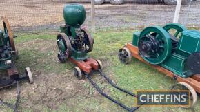 Petter Type M 3hp single cylinder enclosed crank horizontal stationary engine with twin flywheels and belt pulley on wooden trolley Serial No. 65933