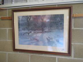 Framed winterland shepherd and flock snowland scene