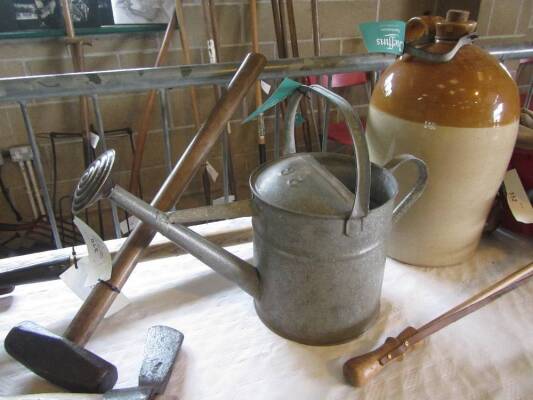 Fine galvanised 3 gallon, 2 gallon watering cans both with copper roses