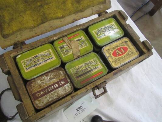 Box of 20 cigarette tins and contents