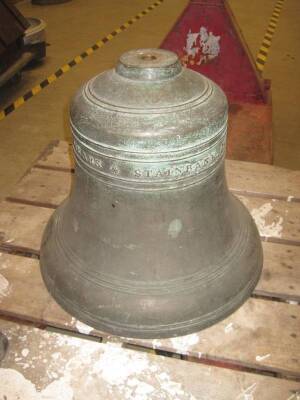 A large cast metal bell marked 'Mears & Stainbank London 1905' (now Whitechapel Bell Foundry) 18ins tall and 18ins dia', lacking clapper