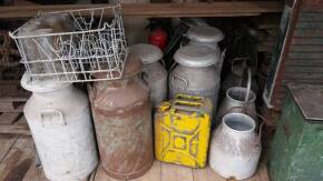 Milk churns t/w vintage milk crate and bottles