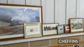 Framed and glazed prints depicting various steam locomotives, assorted sizes (8)