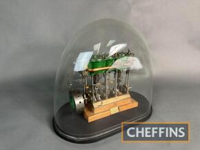 Scratch built triple expansion marine steam engine model marked 'made by F Burton Engineer' in glass display case, mechanism tight, just over 3ins fly wheel diameter