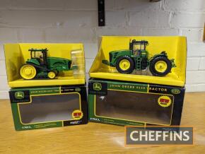 John Deere 9530 together with 8430T 1:32 scale model tractors by Britains Ertl, both boxed