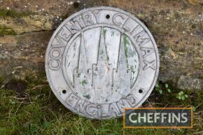 Coventry Climax cast aluminum sign, 9ins diameter