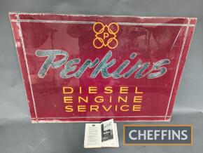 Perkins Diesel Engine Service box sign glass panel. An original panel from the box sign, previously hung on Lincoln Road, Peterborough. Together with the 'Diesel Maintence' book featuring the sign on p.219