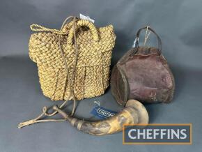 Qty rural bygones to inc' hunting horn, wicker lunch bag and leather harvest bottle