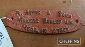 R Howie & Sons Makers Dunlop cast iron sign, 10 x 3.5ins