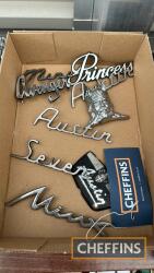 Qty car badges to inc. Austin Mini, Seven, Rover viking, Hilman Avenger etc