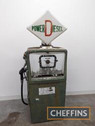 Avery Hardoll 3500 series petrol pump with Power Diesel globe (damaged), hose and dispensing nozzle, missing back cover