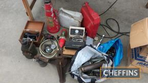 Qty vintage workshop equipment to inc. tools, fire extinguishers and petrol cans etc