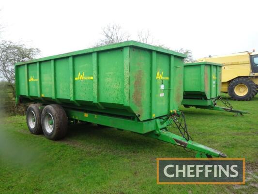 2003 AW Engineering M12 12tonne tandem axle steel monocoque hydraulic tipping trailer, with sprung drawbar and axles, hydraulic brakes. manual tailgate, rear drawbar on 385/65R22.5 wheels and tyres. Sileage sides available but not fitted. Serial No. 263