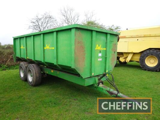 2003 AW Engineering M12 12tonne tandem axle steel monocoque hydraulic tipping trailer, with sprung drawbar and axles, hydraulic brakes. manual tailgate, rear drawbar on 385/65R22.5 wheels and tyres. Sileage sides available but not fitted. Serial No. 264