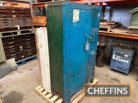 Steel 2 door metal tool cabinet and a wooden storage cabinet