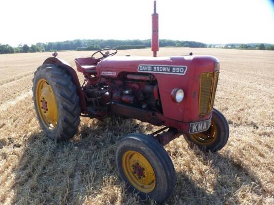 1965 DAVID BROWN 990 Implematic 4cylinder diesel TRACTORReg. No. KMA 109CSerial No. 477184Fitted with rear linkage and drawbar. Showing only 3,938 hours in good ex-farm condition with V5 available 