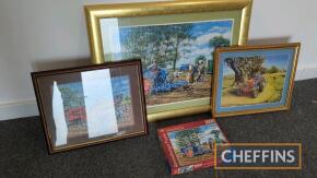 3no. framed and glazed tractor related puzzles, 1 with box