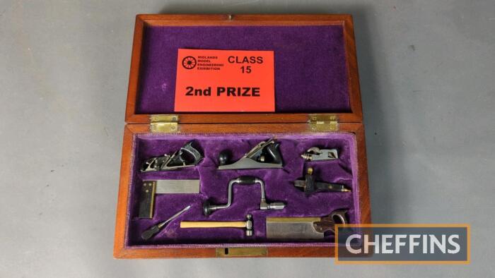 Set of miniature model woodworking tools from the estate of Ian Glasspool. Awarded 2nd prize at the Midlands Model Engineering exhibition, the saw measures c.3ins long