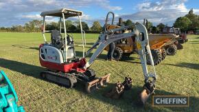 2019 TAKEUCHI TB216 360d RUBBER TRACKED EXCAVATOR Fitted with hydraulic breaker pipework, 3no. buckets, manual quick hitch. New tracks fitted Serial No. 216013598 Hours: 2,540