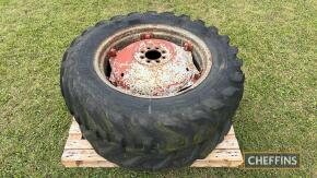 2no. 12.40/11.00-28 wheels and tyres with Massey Ferguson centres