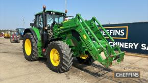 John Deere 6155M Tractor c/w 40kph, Auto Quad, suspended axle, suspended cab, LED worklights, 643R loader Hours: approx 4540 Reg. No. WJ19 VRN Ser. No. 1LO6155MAKG929507