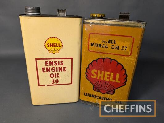 2no. Shell 1 gallon oil cans, Vitrea Oil 27 t/w Ensis Engine Oil 30