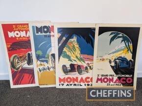 4no. Monaco Grand Prix reproduction posters mounted on hardboard, 1930 - 1933, c.40x27ins