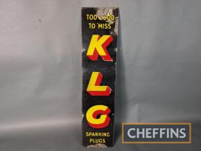 KLG Too Good to Miss Sparking Plugs vertical enamel sign, 25x6ins