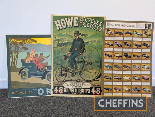 3no. posters mounted on hardboard to inc. reproduction Orel Automobiles (39x28.5ins), Howe Bicycles Tricycles (24x37ins) and The Rolls-Royce Story (23x35ins)