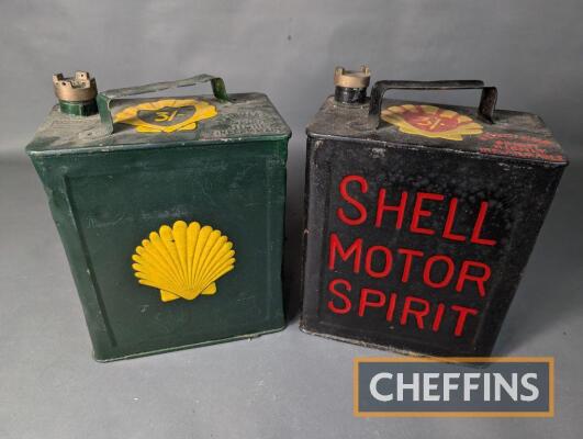 2no. Shell Motor Spirit 2gallon petrol cans with Shell caps, restored