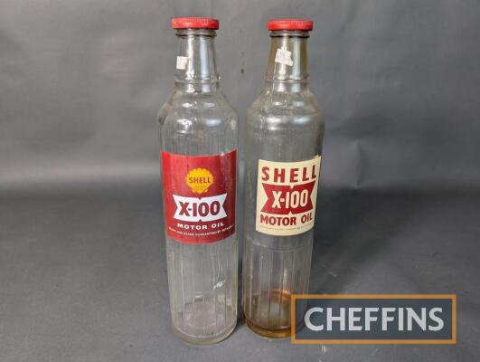 2no. Shell X-100 glass quart oil bottles with caps