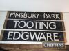 3no. London Underground tube train double sided destination enamel signs featuring Finsbury Park, Euston, Tooting, East Finchley, Kennington and Edgware