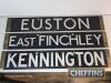 3no. London Underground tube train double sided destination enamel signs featuring Finsbury Park, Euston, Tooting, East Finchley, Kennington and Edgware - 2