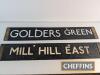 2no. London Underground tube train double sided destination enamel signs featuring Special, Mill Hill East, Hampstead and Golders Green - 2