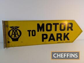 To Motor Park, a double sided AA enamel sign fitted with non original flange, some restoration, c25.5x8ins