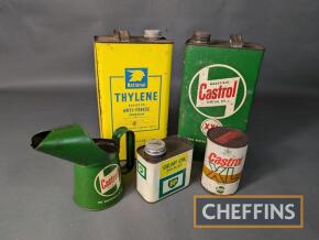 Qty tins t/w pourer, to inc. Castrol, BP etc