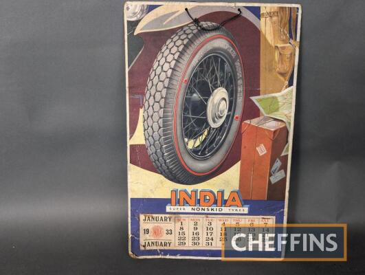 India Tyres 1933 wall hanging card calendar with all month sheets intact, 15.5x10ins