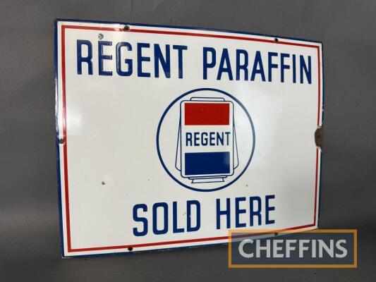 Regent Paraffin Sold Here single sided enamel sign with pictorial globe, c18x14ins