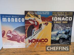 3no. Monaco classic car auction posters, mounted on hardboard largest 21x30ins