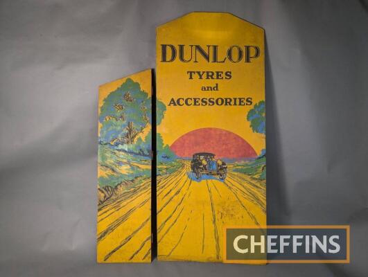 Dunlop Tyres and Accessories painted pictorial plyboard sign c/w one wing, stands 55ins tall