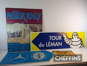 Foamex Michelin directional arrow sign for Lemans t/w Mercedes Foamex sign, FIVA International Motor Rally 1976 poster and metal license plate