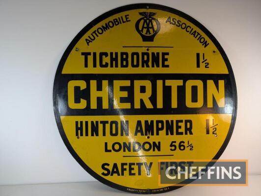 AA Cheriton, Tichborne, Hinton Ampner, London circular single sided enamel sign, 30ins diameter